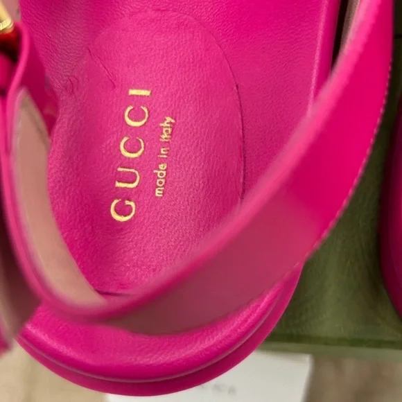 Women’s Gucci embellished Pink Sandals with Yellow Logo. Size 37.5!